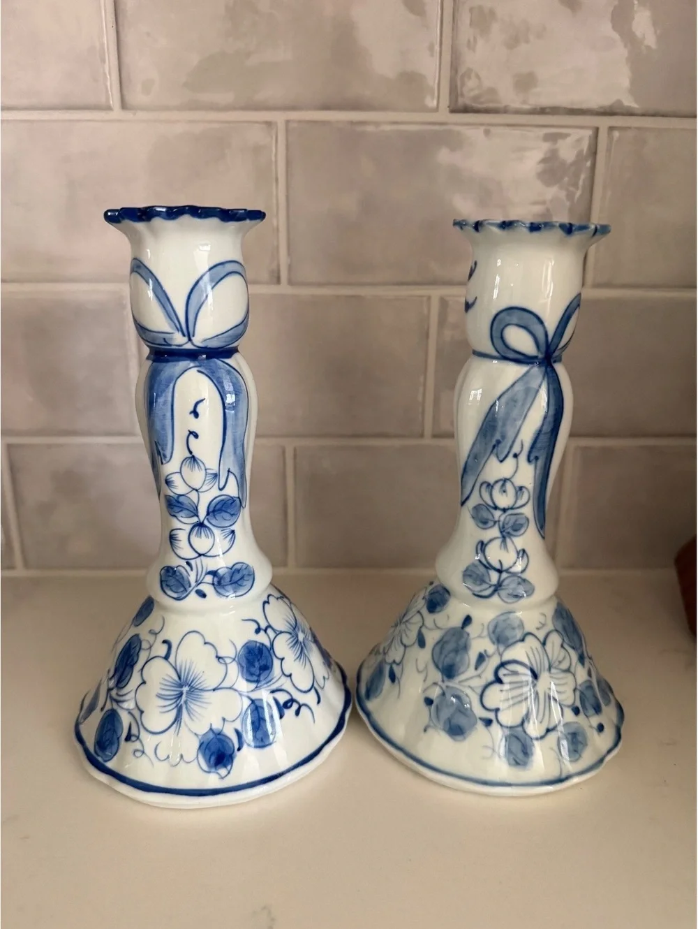 Vintage blue and white cottagecore farmhouse granny floral bow candle stick pair